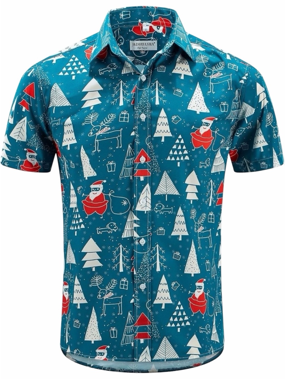 NWOT J&Dhuashua Blue Santa Short Sleeve Christmas Button Down - Size XL
